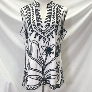 OBJECTS D’ART White Sleeveless Blouse Top Raised Black Embroidery XL